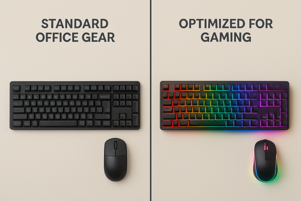 Image shows difference between standard mouse and keyboard combo vs gaming mouse and keyboard combo