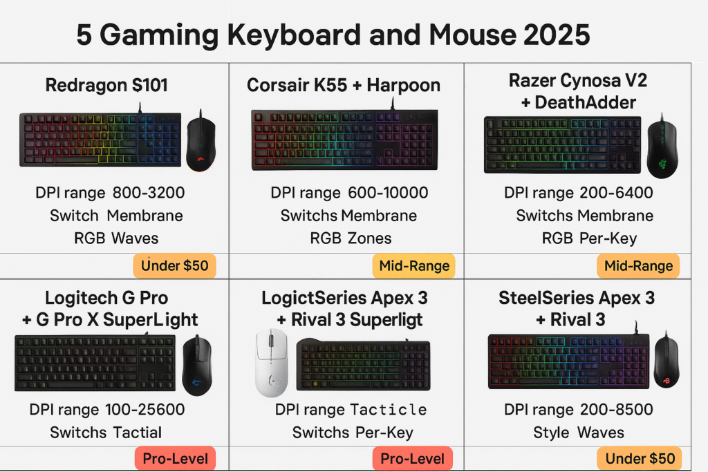 Image shows six gaming mouse and keyboard combos