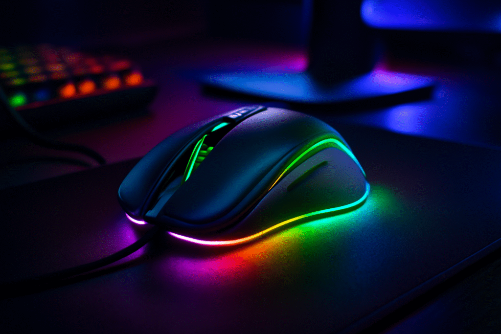 The image shows a beautiful Razer mouse with RGB lights