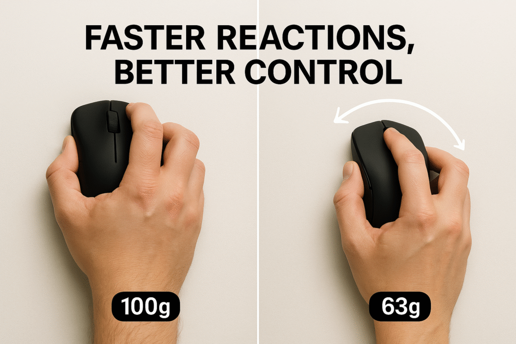 Image showing benefits of light mouse light weight==faster reactions