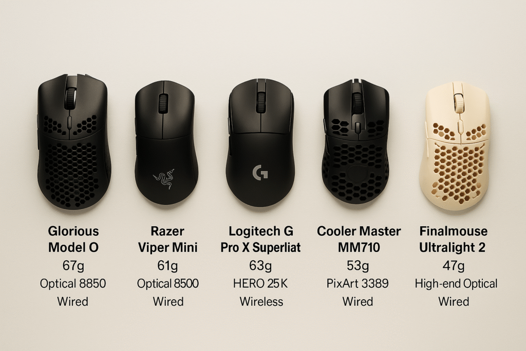 Image showing top 5 lightweight mouse with their weights and qualities
